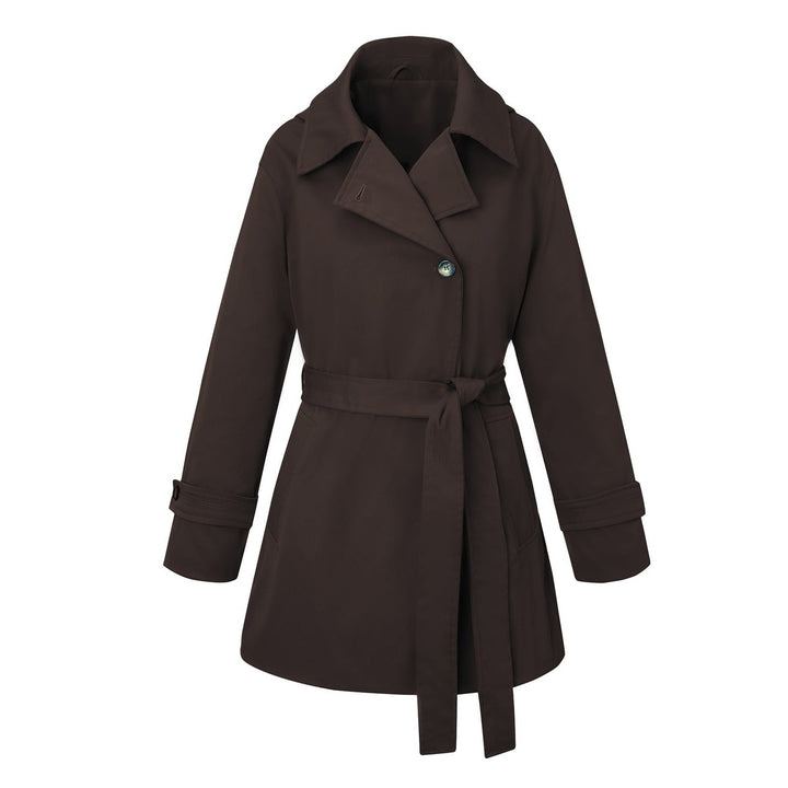 Cappotto trench donna monopetto, con cintura in vita, per un look sofisticato e abbigliamento versatile.