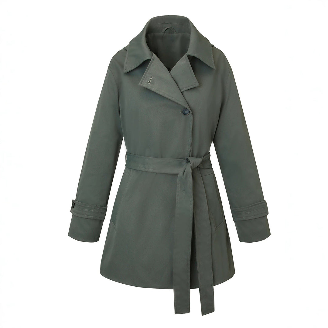 Cappotto trench donna monopetto con rever a tacca e cintura, ideale per un look elegante e versatile.