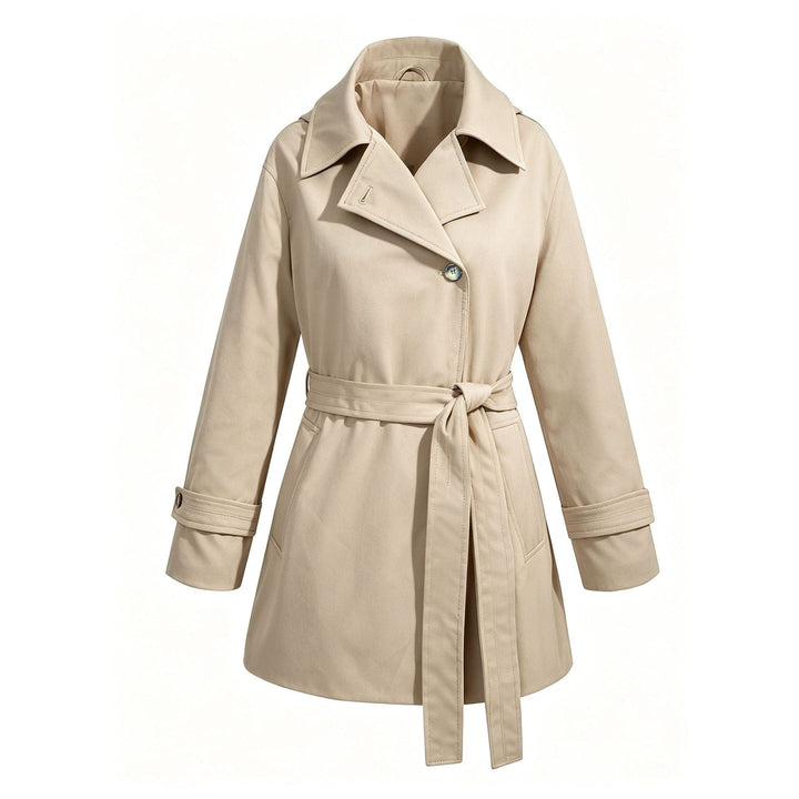 Trench coat donna elegante e versatile, con cintura e rever, adatto per abbigliamento outerwear di classe.