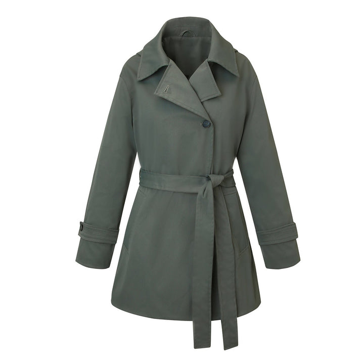 Cappotto trench donna primaverile/autunnale, elegante e versatile, con cintura in vita per un tocco raffinato.