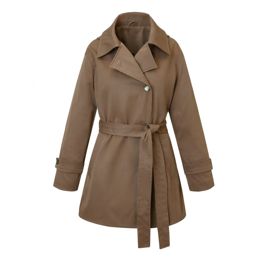 Giacca trench donna di moda femminile, stile classico con cintura, capo versatile per un'eleganza raffinata.