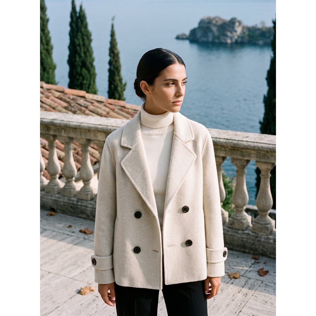 Cappotto corto doppiopetto donna elegante con collo a revers, ideale per look autunnali e invernali.