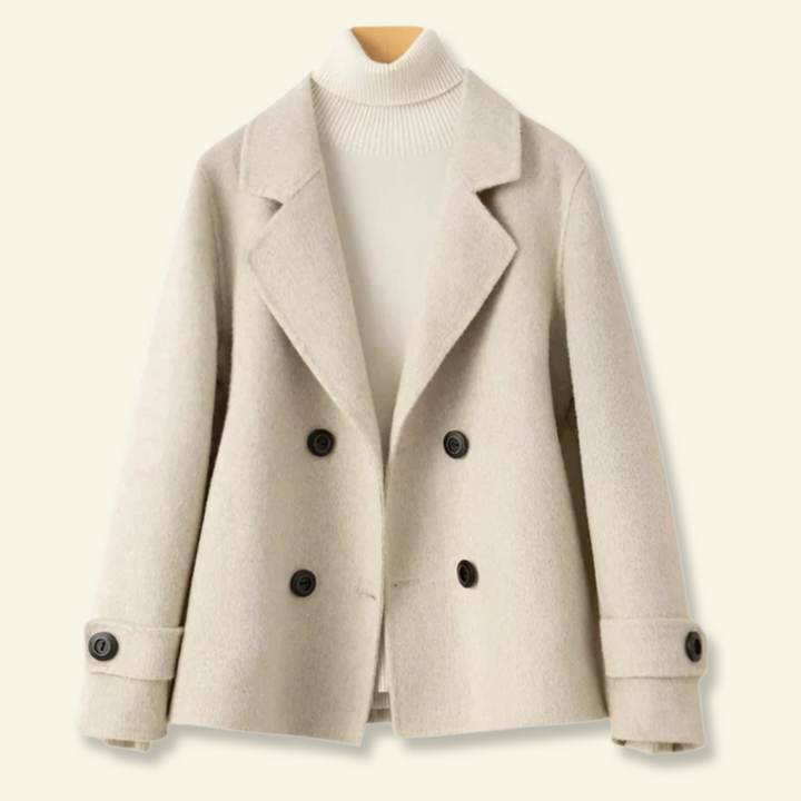 Cappotto corto doppiopetto donna, elegante, casual, collo a revers, moda autunno inverno.