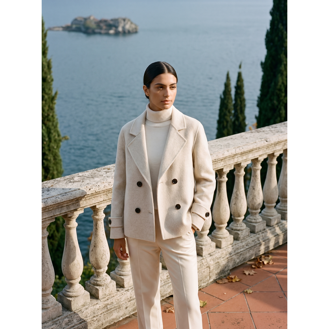 Chic cappotto corto doppiopetto da donna, perfetto per un look elegante e casual in autunno.