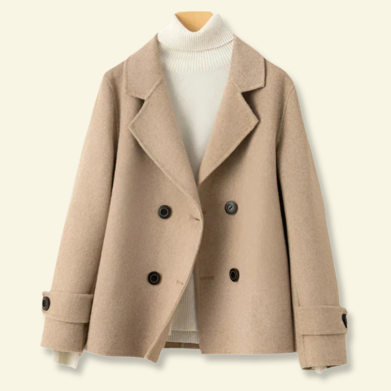 Cappotto corto doppiopetto donna, moderno ed elegante con collo a revers, ideale per l'autunno.