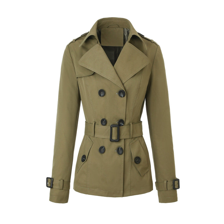 Trench corto da donna, stile doppiopetto con cintura. Perfetto capospalla versatile ed elegante per outfit moderni.