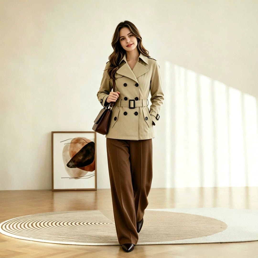 Moda femminile: trench corto doppiopetto con cintura e revers a tacca. Capospalla resistente all'acqua e chic.