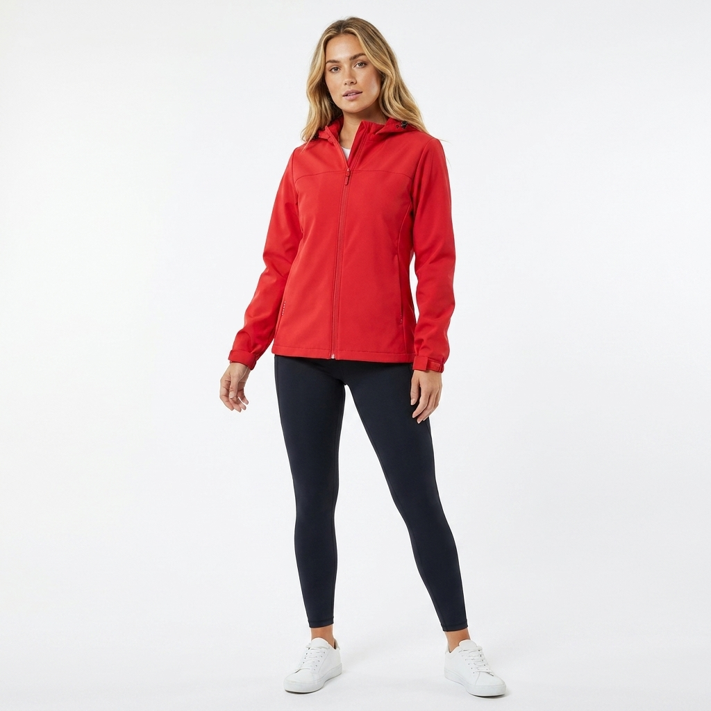 Giacca donna softshell trendy, impermeabile, con cappuccio staccabile e tasche con zip. Perfetta per autunno.