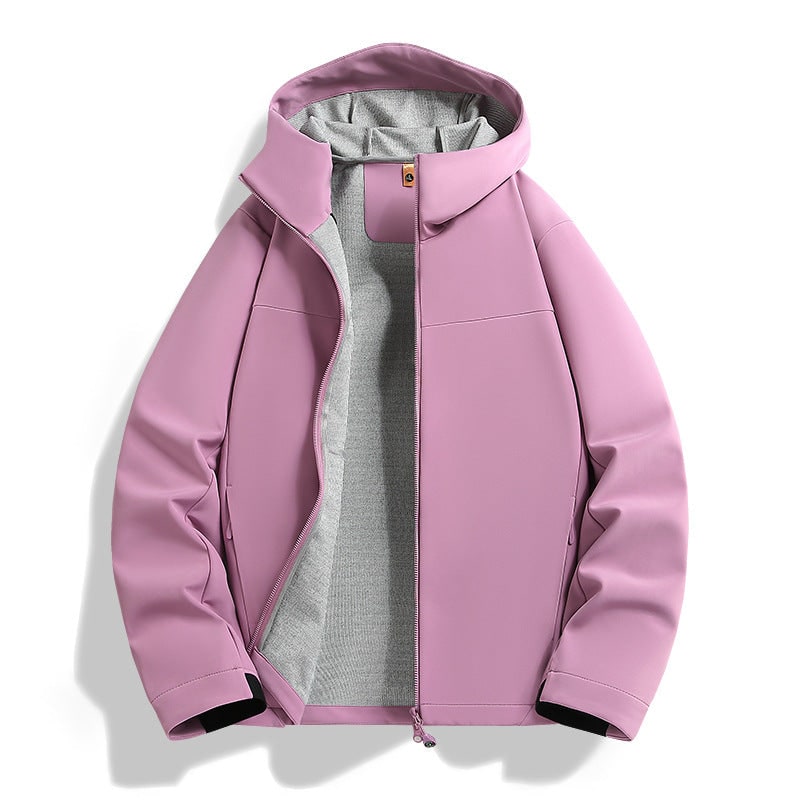 Giacca softshell donna rosa antivento con cappuccio e tasche zip, ideale per outdoor, sport e casual primavera/autunno.