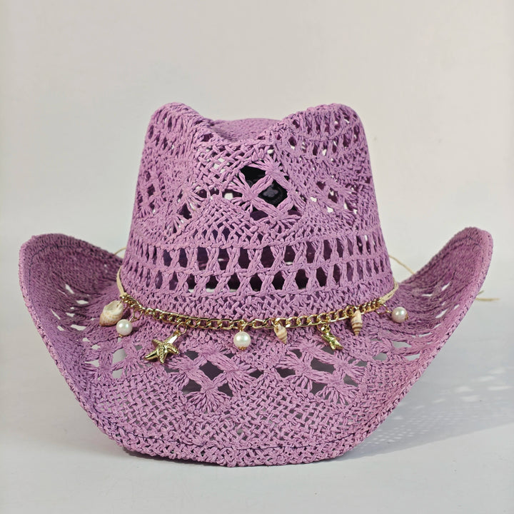 Cappello da cowboy donna in paglia, stile western elegante con fascia intrecciata e charm.