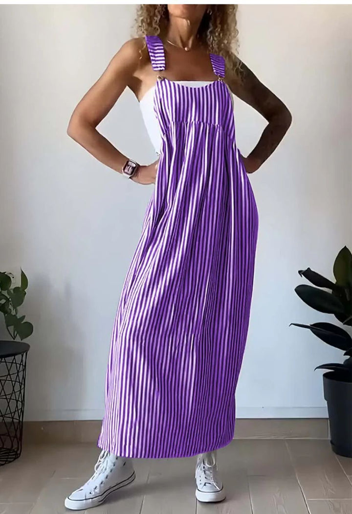 Tessuto leggero a righe dell'abito maxi pinafore donna, ideale per l'estate. Dettaglio stile senza maniche.
