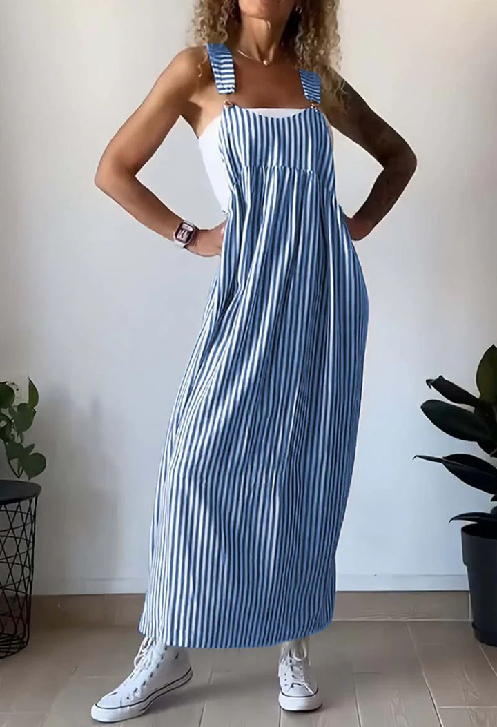 Retro dell'abito maxi pinafore a righe con spalline larghe, design senza maniche per un look fresco.