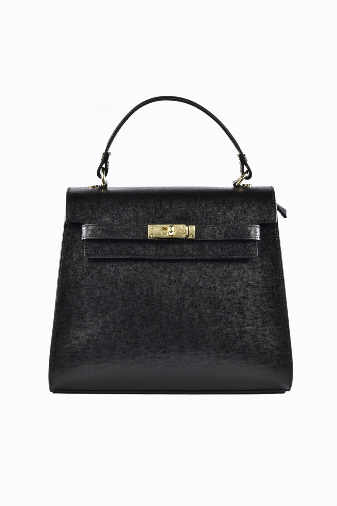 Borsa donna strutturata nera con manico superiore rigido e dettagli dorati. Stile elegante e classico.