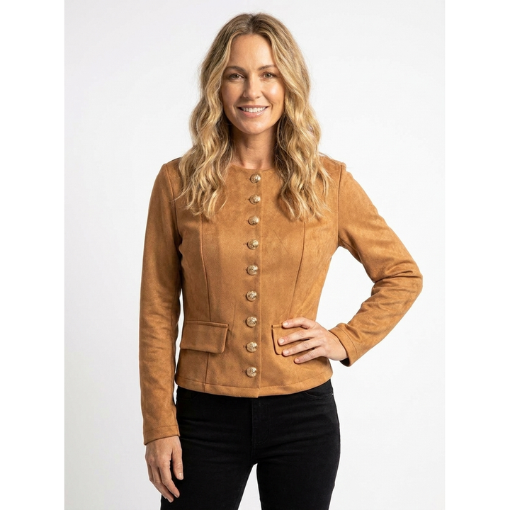 Giacca femminile aderente con scollo rotondo e bottoni dorati. Capo versatile per moda primavera autunno.
