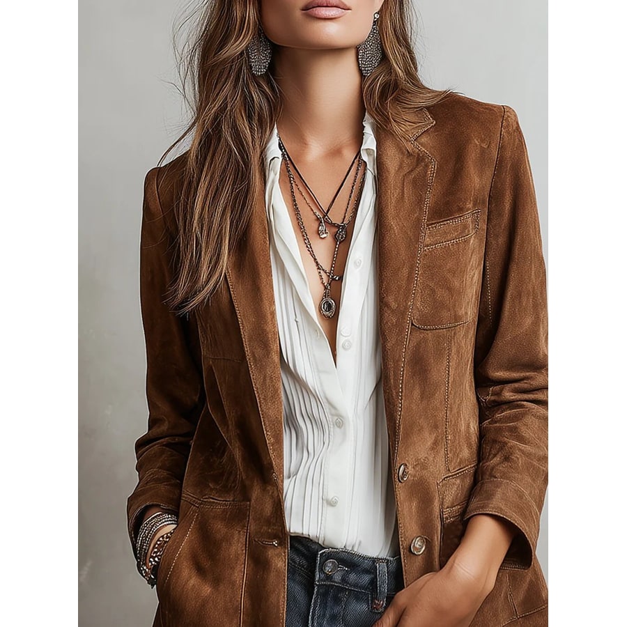 Blazer sartoriale donna marrone con spalle strutturate, capo classico ed elegante per primavera e autunno.