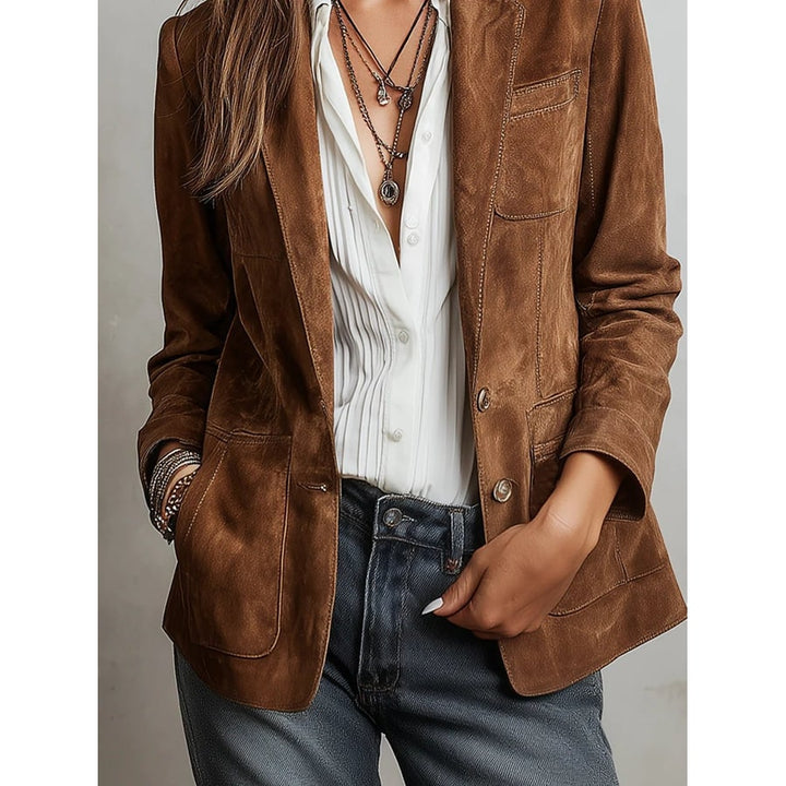 Blazer da donna sartoriale marrone monopetto con spalle strutturate, un classico versatile per ogni occasione.