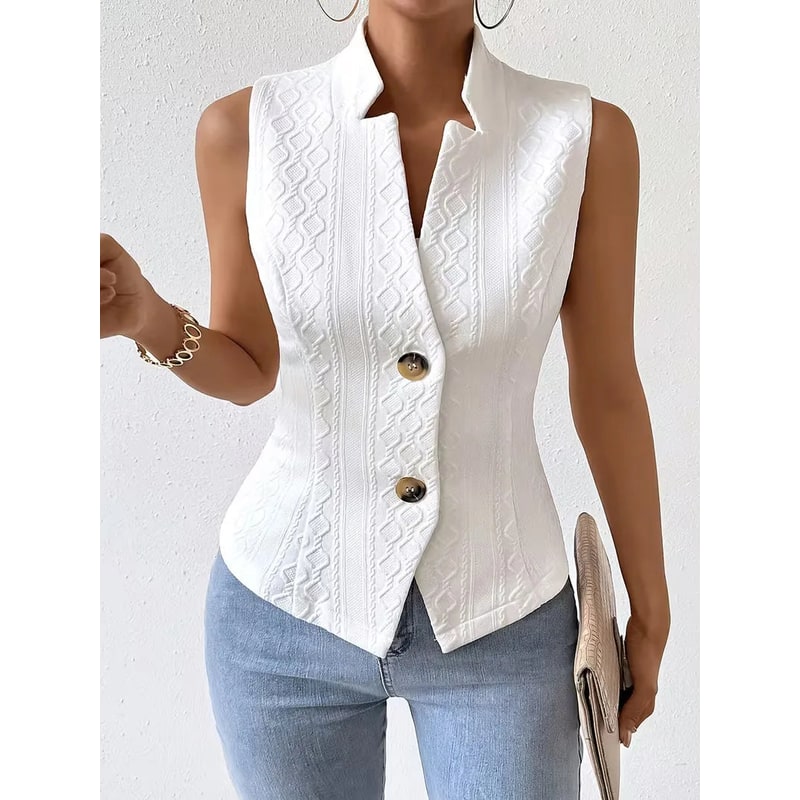 Gilet donna elegante con bottoni e scollo a V, ideale per abbigliamento ufficio e look business casual sofisticato.