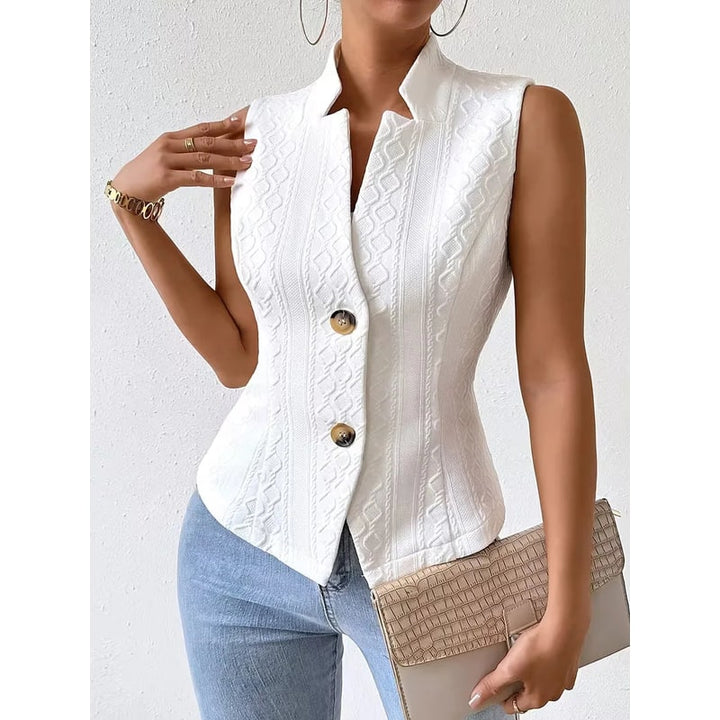 Gilet donna chic con scollo a V e bottoni, versatile per look da ufficio, business casual o eventi eleganti.