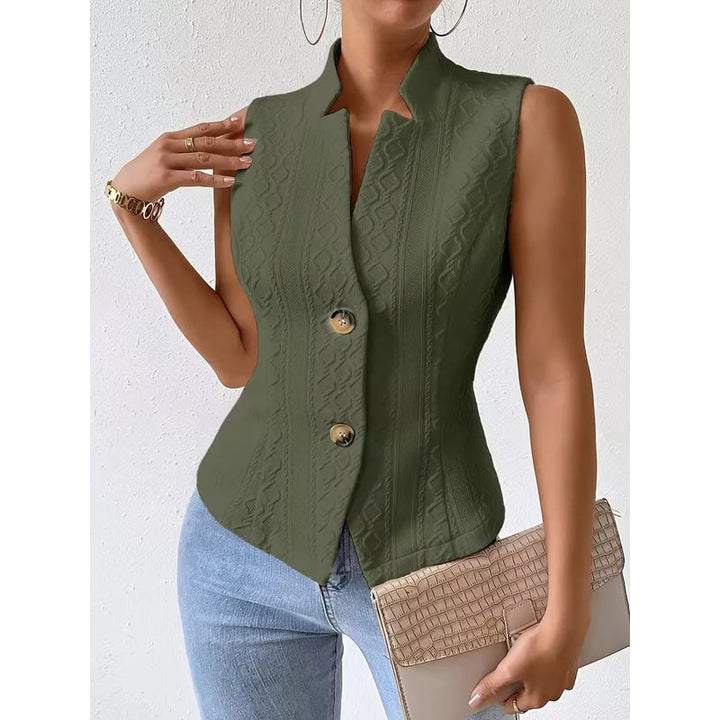 Elegante gilet donna senza maniche, scollo a V, bottoni, ideale per ufficio, business casual, cerimonia.