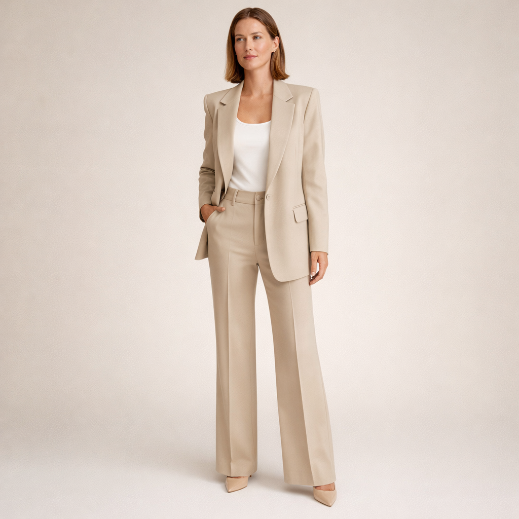Completo donna elegante: blazer e pantaloni a gamba larga. Ideale per ufficio, business e look formale.