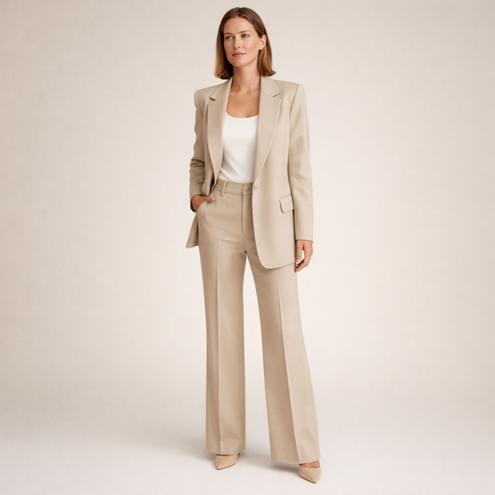 Completo donna elegante: blazer e pantaloni a gamba larga. Ideale per ufficio, business e look formale.