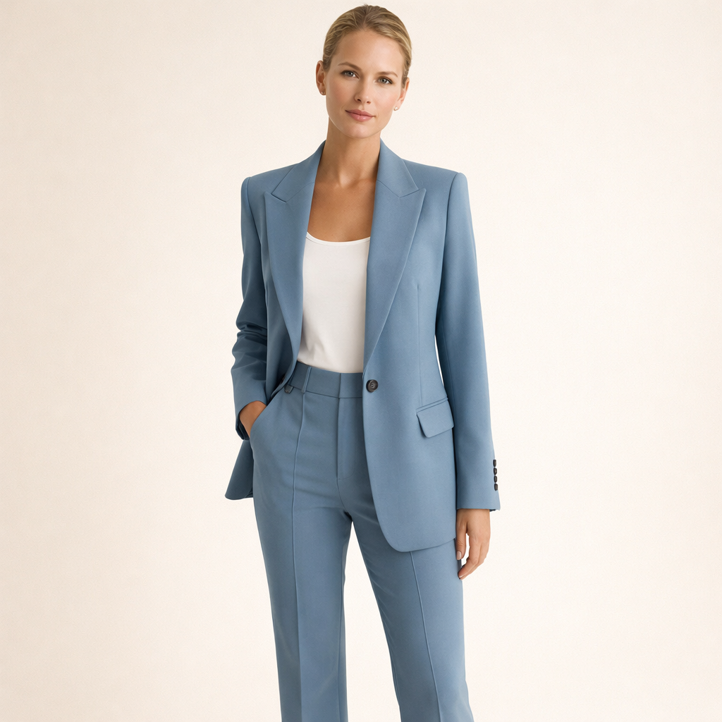 Tailleur donna moda: blazer chic e pantaloni a gamba larga. Stile versatile per business, ufficio o eventi.