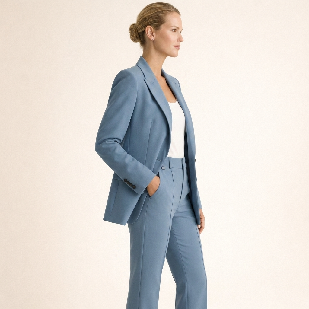 Completo donna due pezzi: blazer strutturato e pantaloni palazzo. Look elegante e formale per ogni occasione.