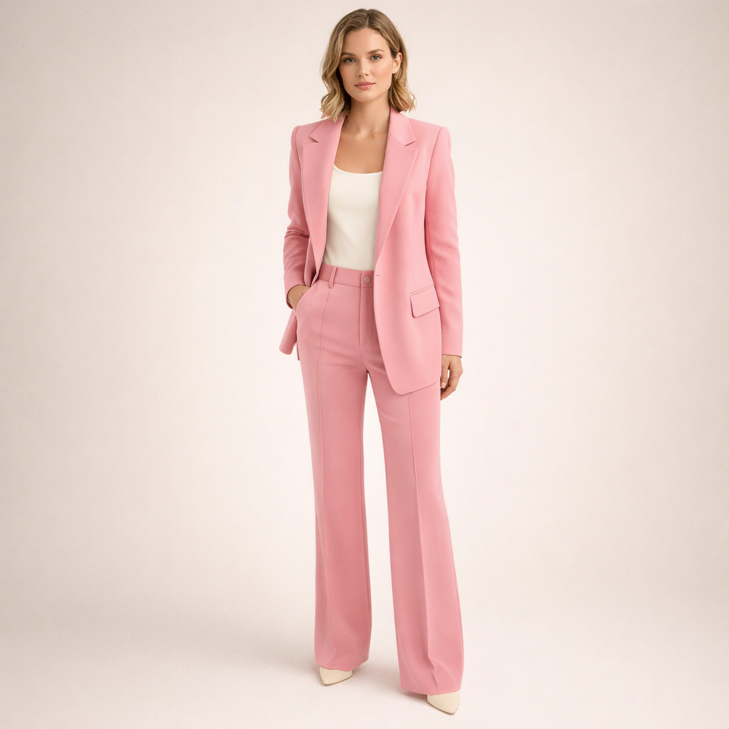Completo elegante da donna: blazer monopetto e pantaloni a vita alta. Outfit business e moda ufficio chic.