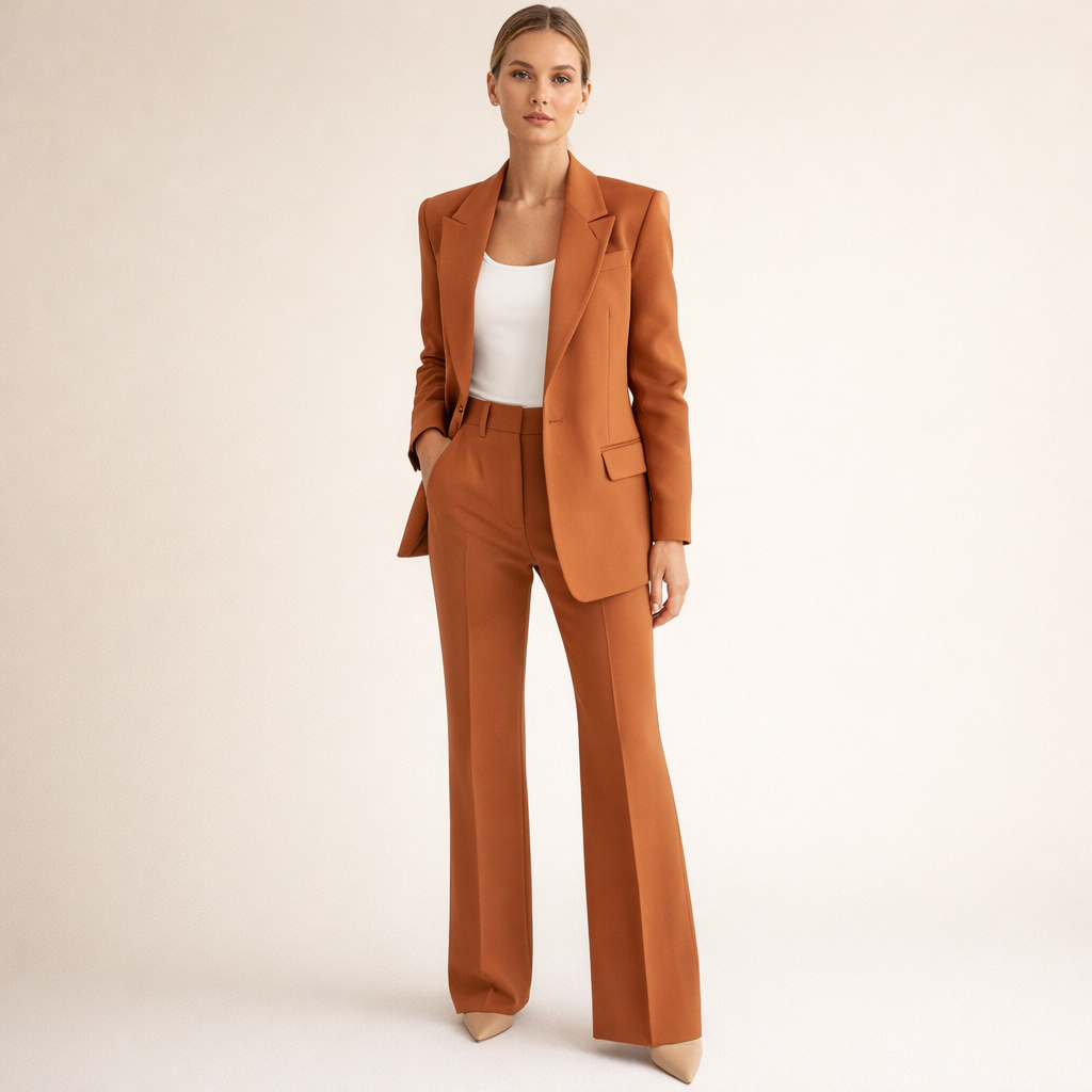 Outfit ufficio donna: tailleur due pezzi con blazer e pantaloni a gamba larga. Stile raffinato e professionale.