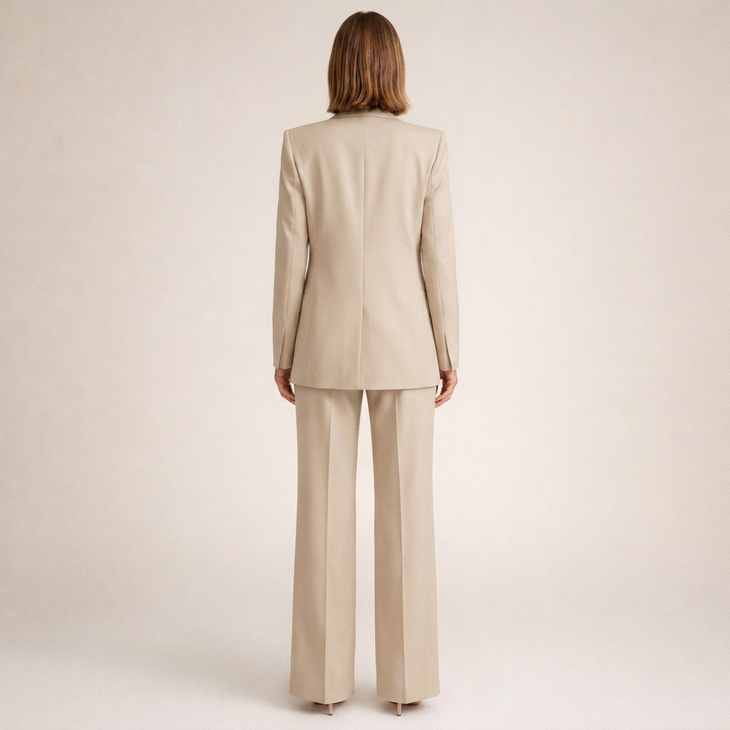 Tailleur donna due pezzi: blazer sartoriale e pantaloni ampi. Abbigliamento professionale e moda ufficio.