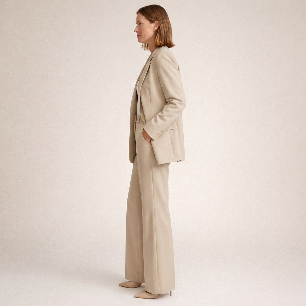 Completo business donna: blazer moderno e pantaloni palazzo. Eleganza e comfort per outfit professionali.