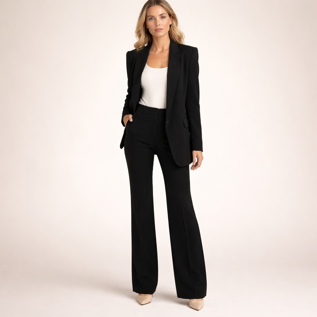 Elegante completo donna: blazer e pantaloni a gamba larga. Perfetto per un look professionale e formale.