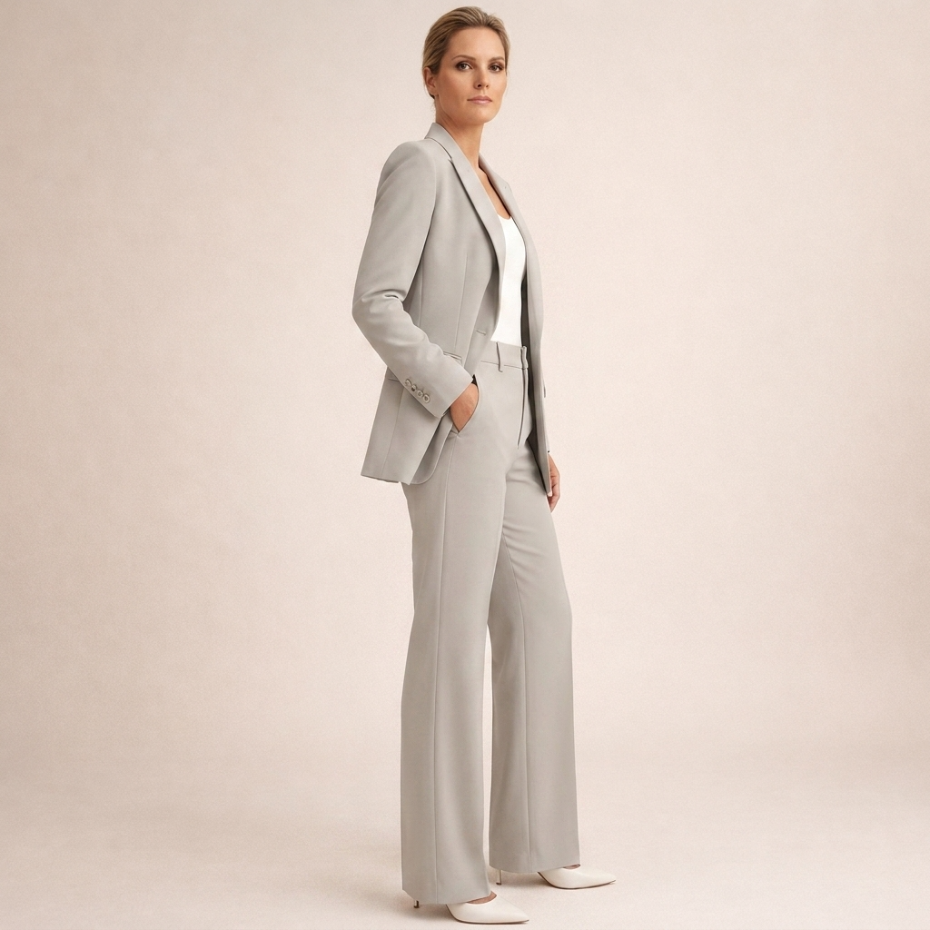 Outfit formale donna: tailleur con giacca blazer e pantaloni a gamba larga. Eleganza moderna e comfort.