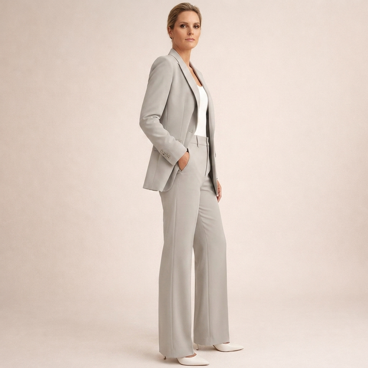 Outfit formale donna: tailleur con giacca blazer e pantaloni a gamba larga. Eleganza moderna e comfort.