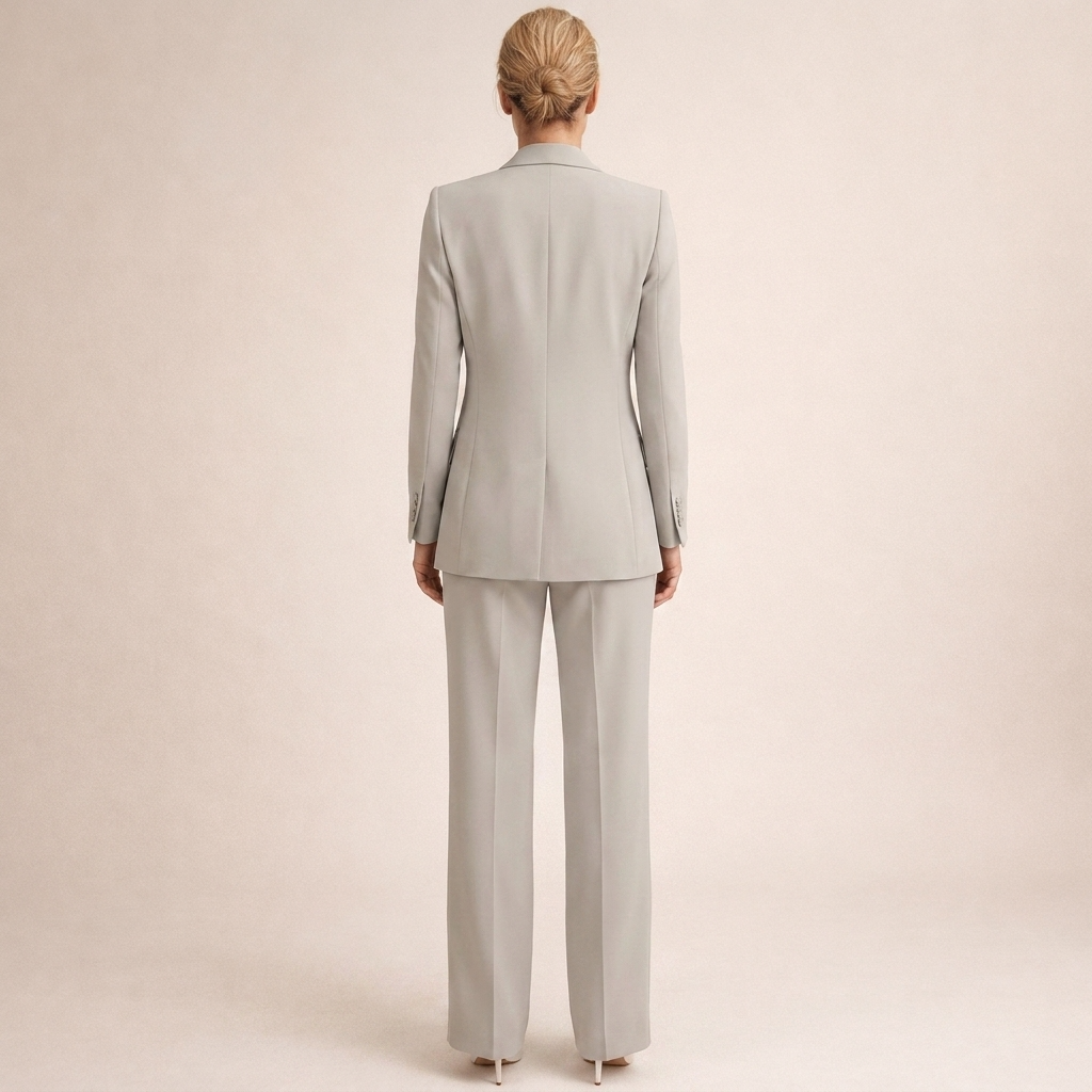 Completo da donna per ufficio: blazer classico e pantaloni ampi. Abbigliamento professionale ed elegante.