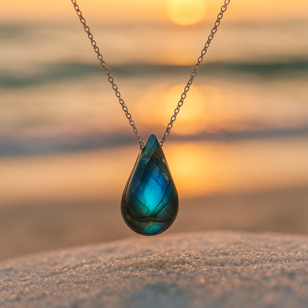 Collana donna elegante con ciondolo a goccia in labradorite iridescente e catena in argento. Gioiello unico, pietra naturale.