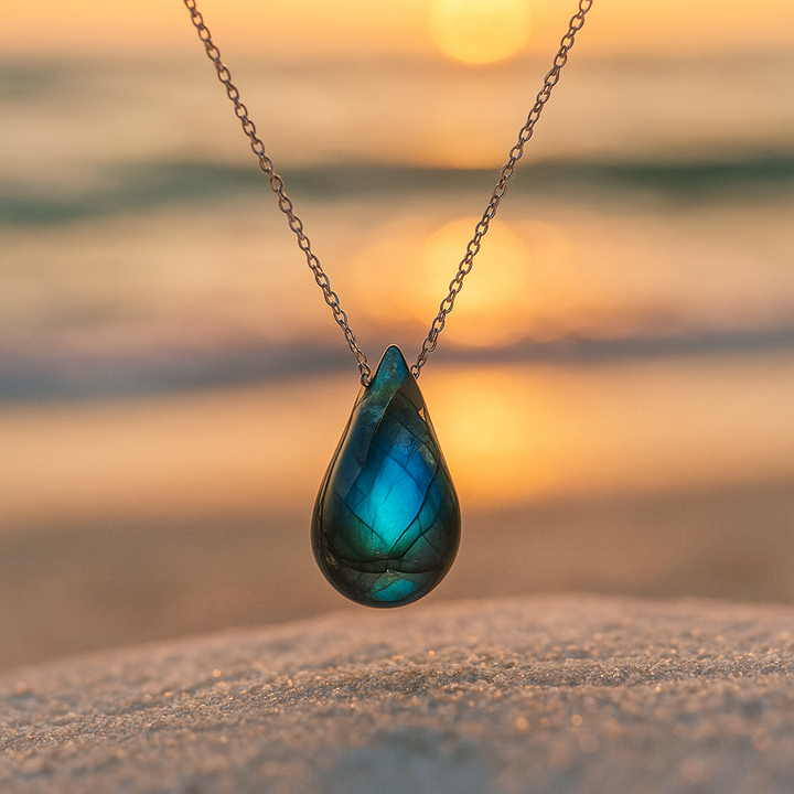 Collana donna elegante con ciondolo a goccia in labradorite iridescente e catena in argento. Gioiello unico, pietra naturale.