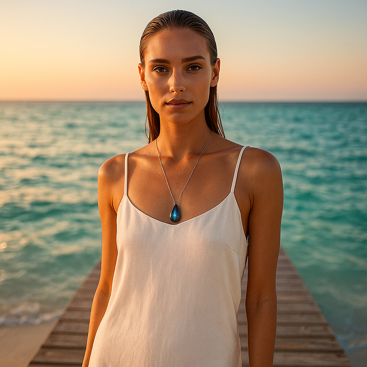 Gioiello donna boho chic: collana in argento 925 con ciondolo goccia di labradorite, pietra naturale iridescente.