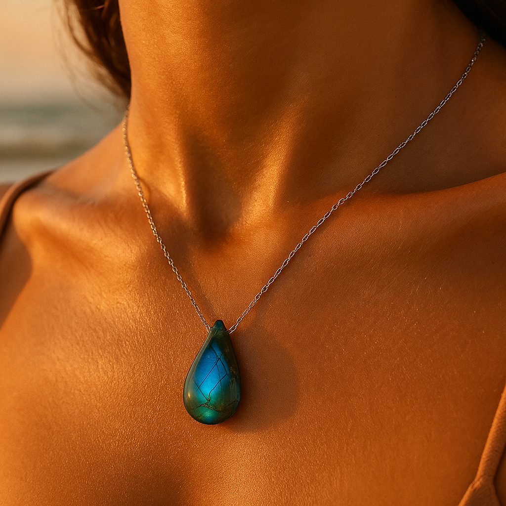 Ciondolo a goccia in labradorite iridescente, pietra naturale unica, su collana in argento per donna. Regalo elegante.