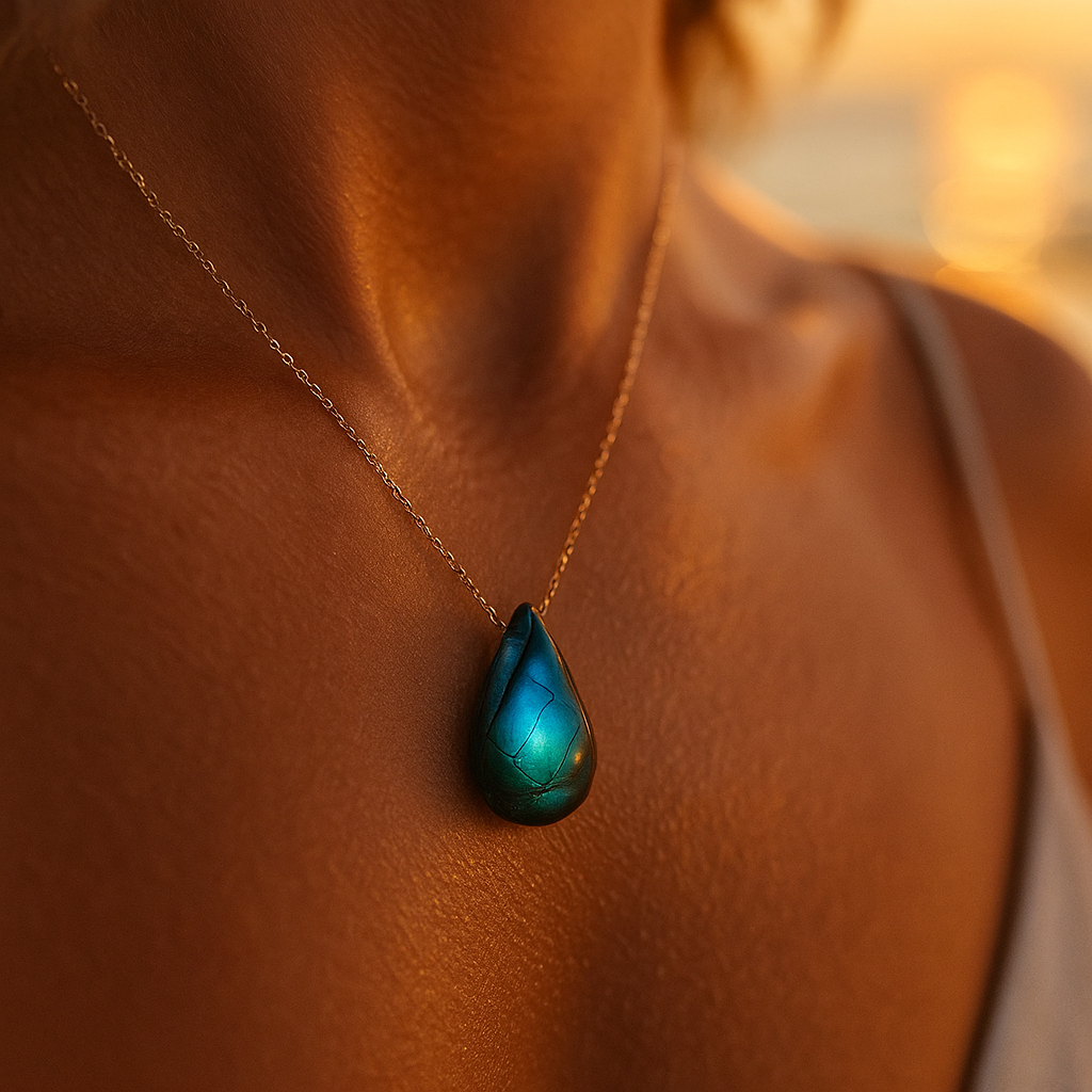 Collana donna con ciondolo grande goccia di labradorite blu-verde iridescente e catena in argento. Gioiello artigianale.