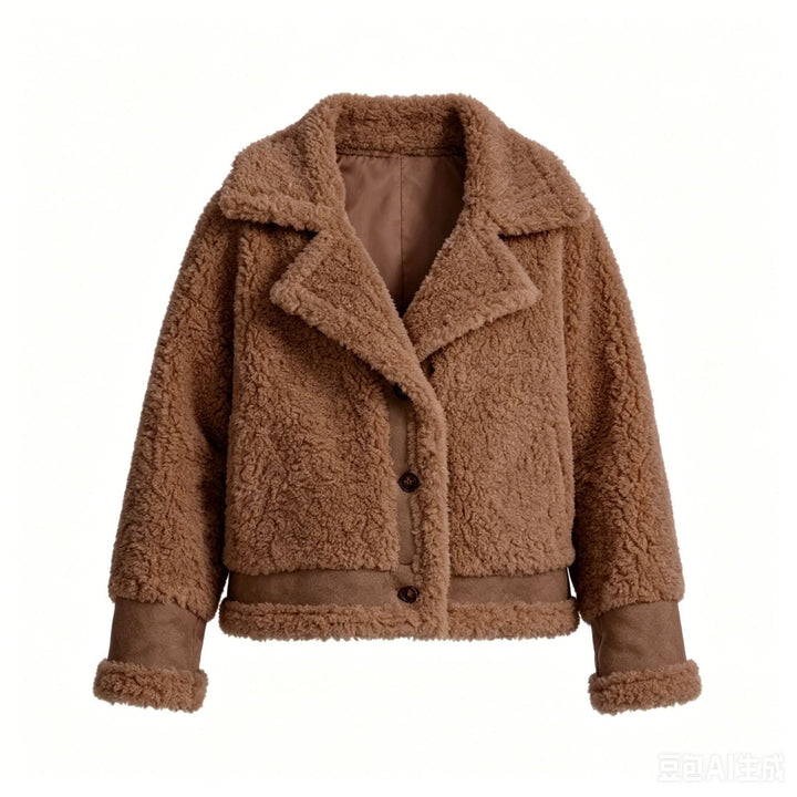 Giacca corta donna effetto teddy con collo a revers. Capospalla casual per moda femminile autunno/primavera.