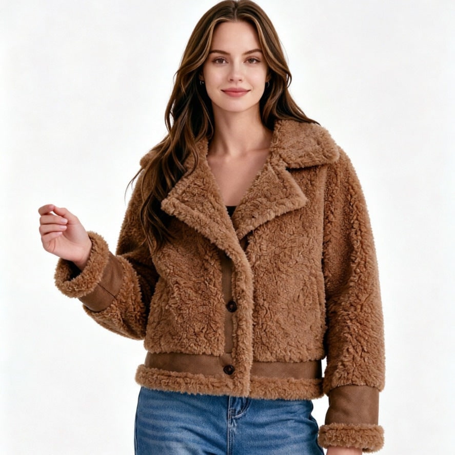 Morbida giacca corta donna effetto teddy. Capospalla confortevole con collo a revers, ideale per le mezze stagioni.
