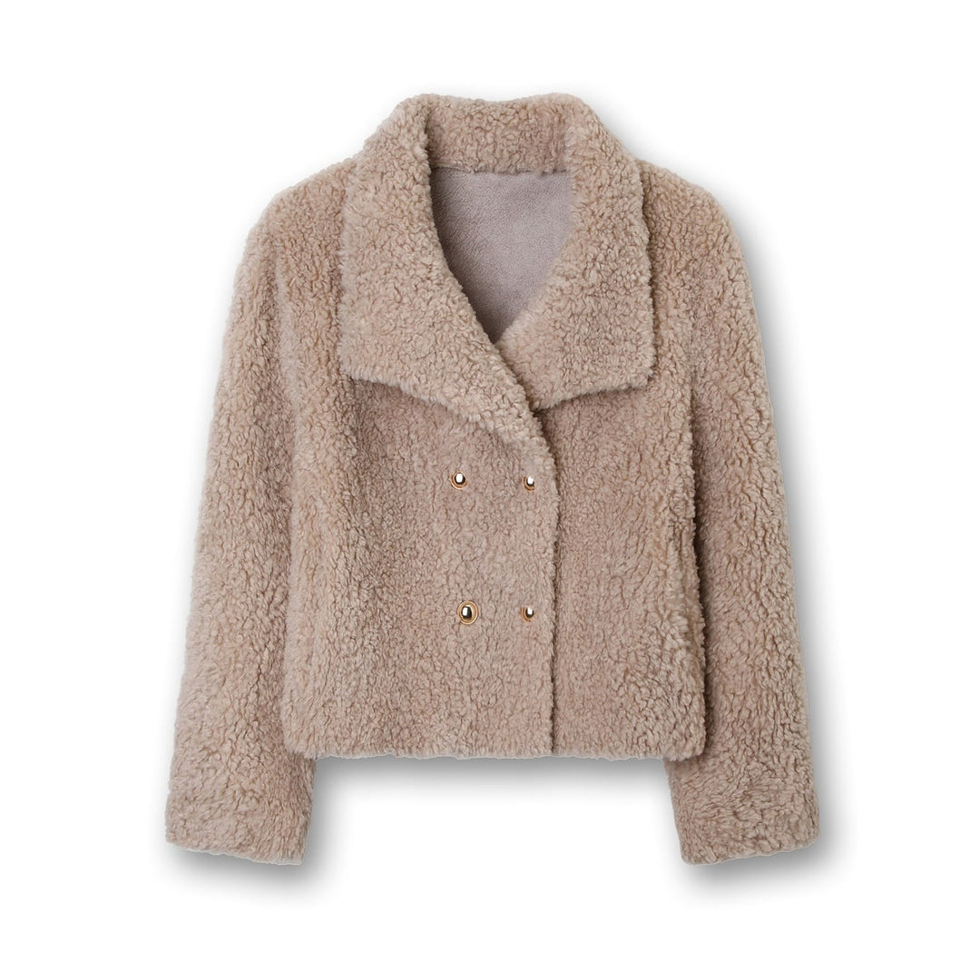 Giacca donna teddy corta e confortevole. Modello doppiopetto con bottoni dorati, un capo must-have per la moda invernale.