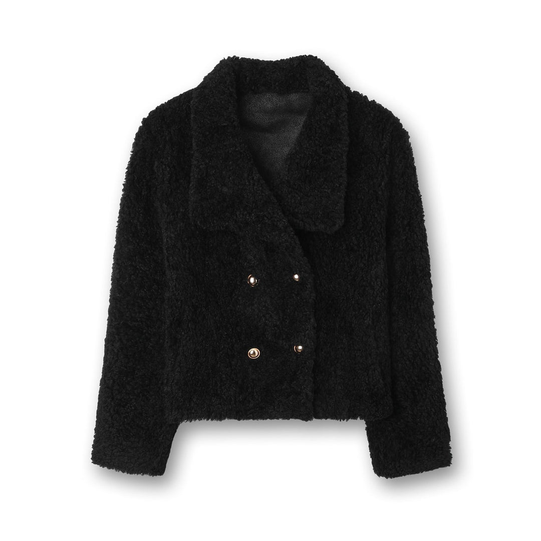 Giacca teddy corta da donna, stile elegante e moderno. Doppiopetto con raffinati bottoni dorati, ideale per l'autunno.