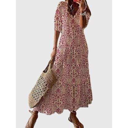 Maxi dress donna boho per l'estate, con balze e scollo a V. Ottimo per la spiaggia o serate vacanziere.