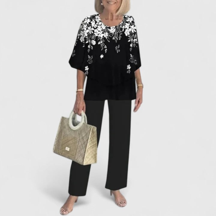 Completo donna versatile: tunica a strati, collo rotondo e pantaloni gamba dritta. Stile elegante per lei.