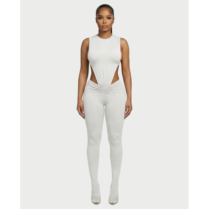 Set femminile versatile: Body aderente e leggings vita alta arricciati, ideale per look elegante o sportivo.