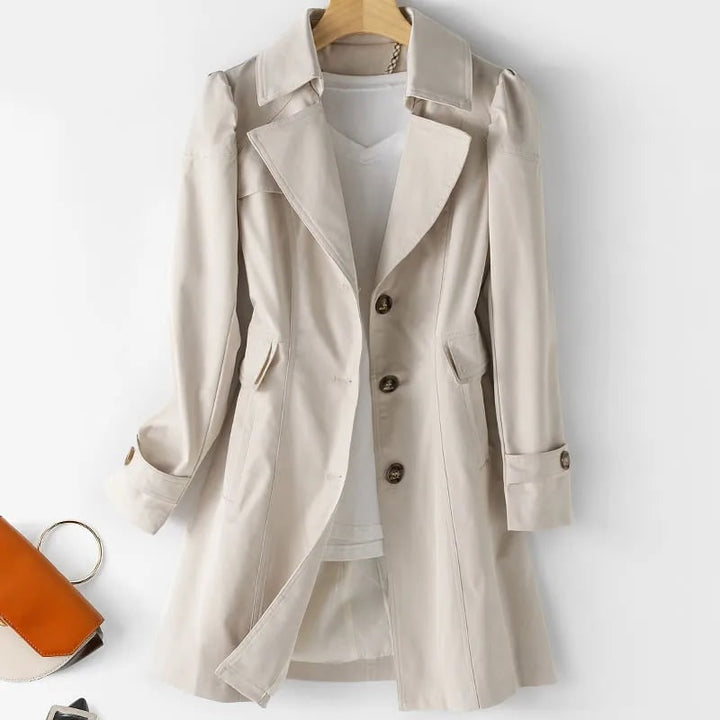 Trench classico donna idrorepellente, cappotto elegante con revers a punta. Ideale per moda autunno e primavera.