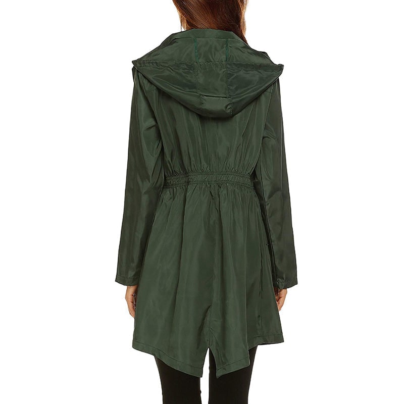 Giacca a vento donna antipioggia, impermeabile leggero con cappuccio e vita regolabile per ogni occasione.