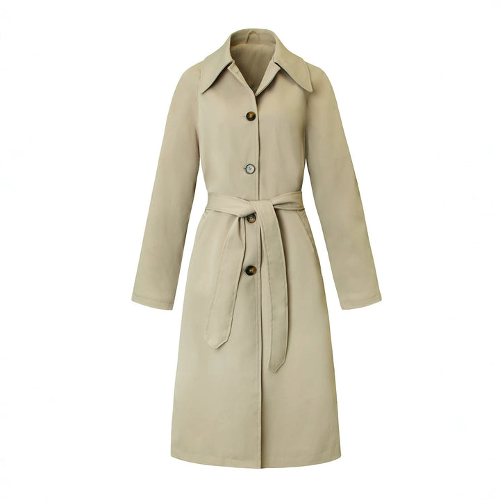 Trench coat donna impermeabile midi elegante con cintura, perfetto per outfit primavera casual o formali.